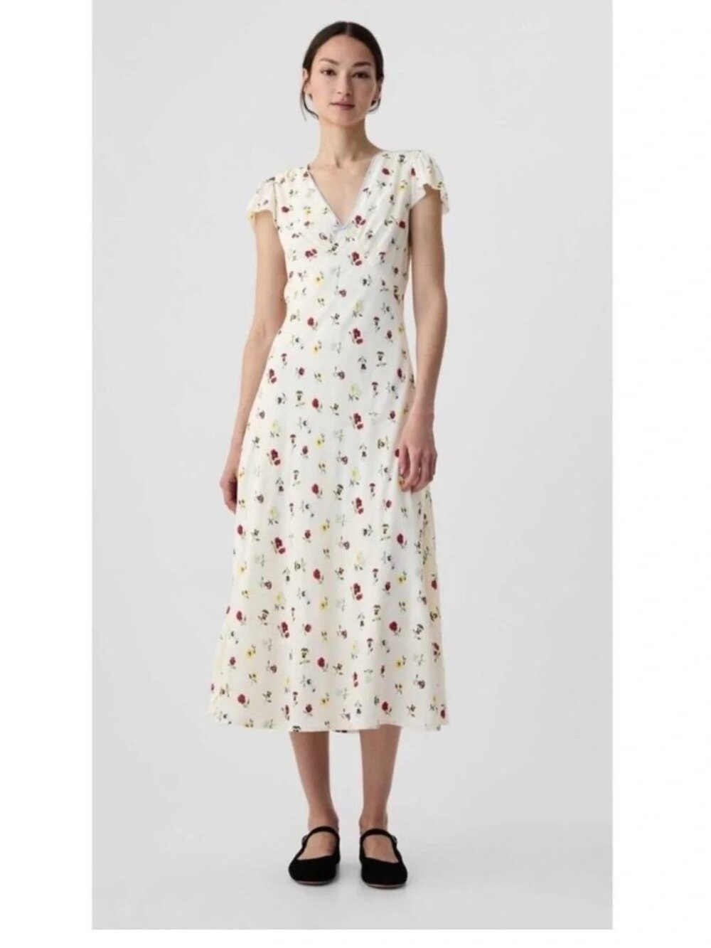 NWOT Gap x DÔEN Floral Midi Dress in Cream Pansy flowers Size 00